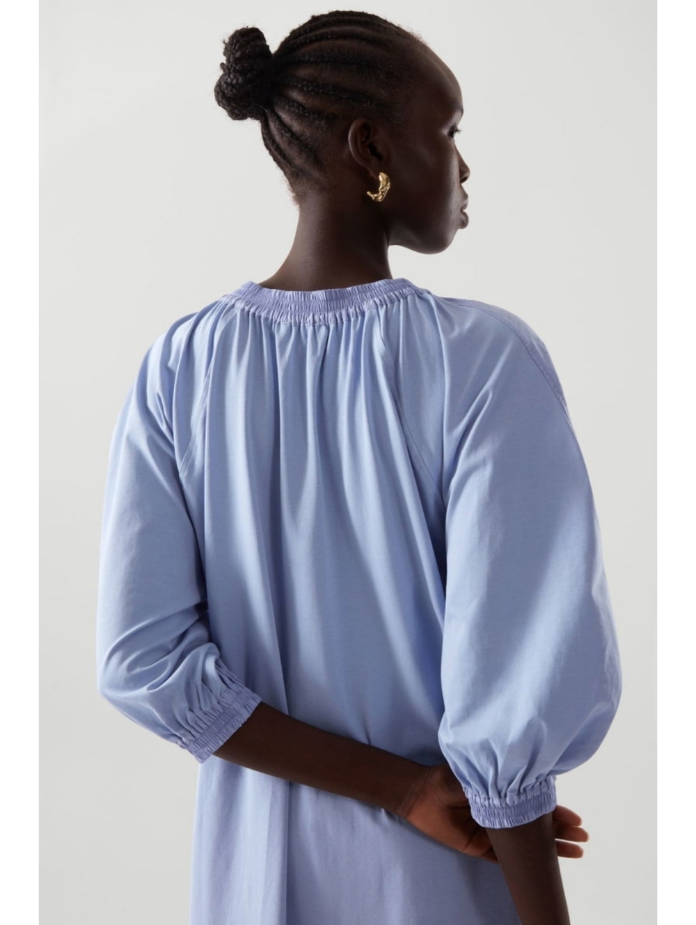 COS Light Blue Volume-Sleeve Mixed Media Midi Dress Pockets 3/4 Sleeves Size S - Picture 5 of 10